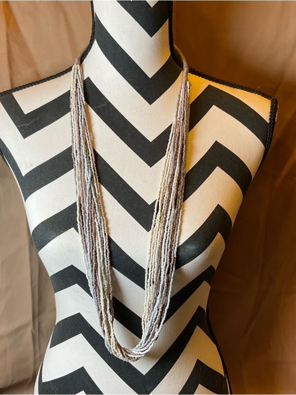 Multi-Strand Seed Bead Necklace in Soft Neutrals Boho Layered Long Necklace